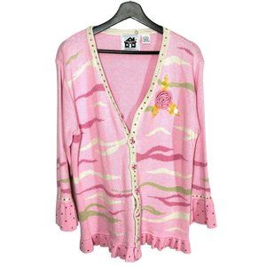 Storybrook Knits Pink V Neck Polka Dot Ramie Cotton Blend Cardigan Large